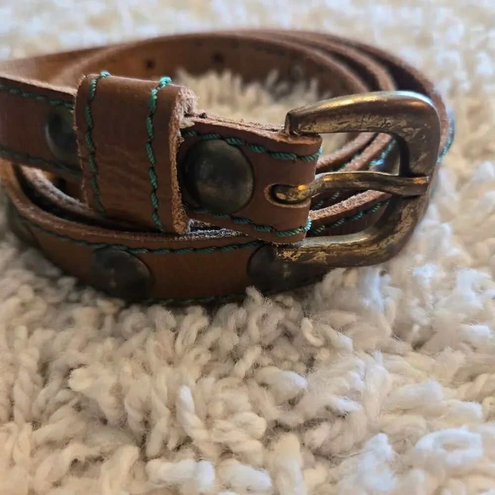 Vintage Leather Skinny Belt Big Rivets Brown Large